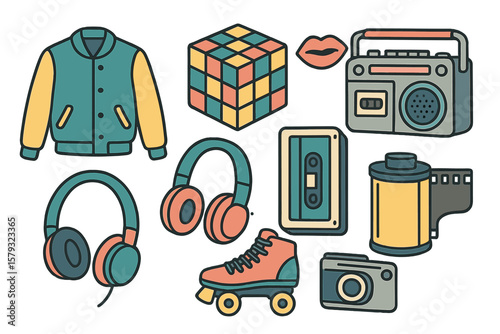 A modern style flat, line style illustration featuring hand drawn vector elements reminiscent of the 80s and 90s, including a jacket, cube, lips, headphones, roller skate, cassette, recorder, and