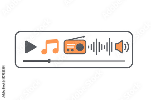 Flat vector illustrations of music symbols, including voice messages, radio sounds, and wave forms, are presented in a play bar icon format isolated on a white background