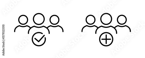 User avatar icon, membership line icons, add new user, profile symbol, team, community, clients and customers, group of people
