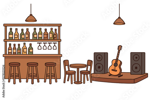 Cartoon vector interior of a bar or pub featuring live music, with stools at the counter, shelves ed with alcohol, a table and chairs for patrons, and a performance stage equipped with a guitar