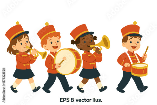 Vector illustration of cute kids playing musical instruments in a marching band parade, in EPS 8 format