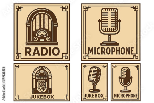 Art Deco Style Posters Template Set from the 1920s to 1940s, featuring Retro Radio, Microphones, and Jukebox
