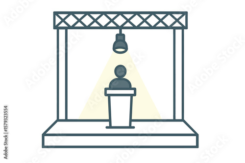 A white stage and speaker are illuminated by a spotlight attached to the truss system, set against a white background