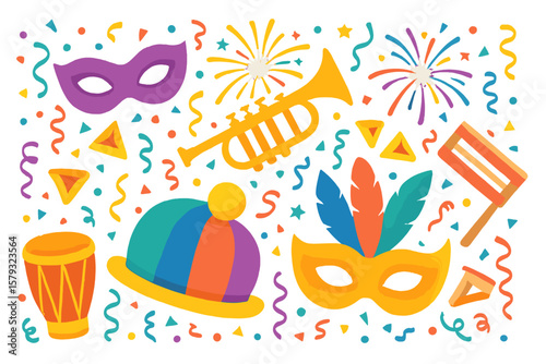 Vector illustration of a festive background with confetti, music instruments, masks, clown hat, and fireworks, representing Carnival, party, Rio Carnaval, and Purim
