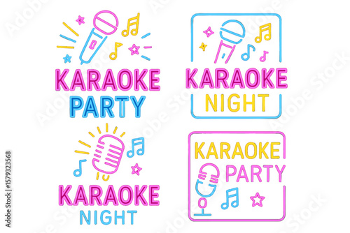 Collection of karaoke party posters in neon vector style, including design templates for karaoke nights, bright neon brochures, modern trend designs, light banners, typography invitations, and