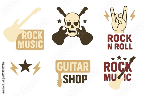 Vector illustration of design elements for a rock music theme, including logo, label, emblem, sign, and poster, set in a guitar shop environment