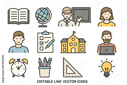 Education icons, including school curriculum, equipment, teachers, students, and other related symbols, are editable in a line