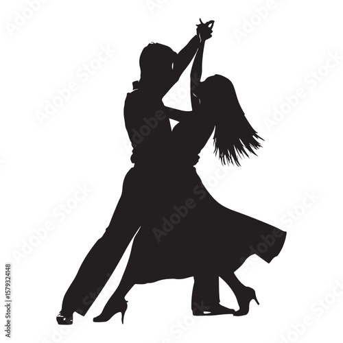 Black silhouette of a ballroom dancing couple, elegant pose with flowing ribbons, graceful movement, romantic and classic dance position, vector illustration for wedding, love, and celebration themes.