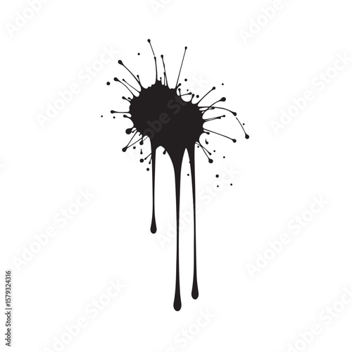 Black ink blot with drips isolated on white background showing abstract splatter and paint effect design element