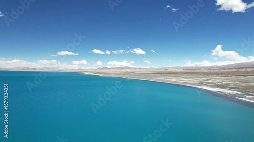 Aerial shot of the beautiful Sayram Lake natural landscape in Xinjiang