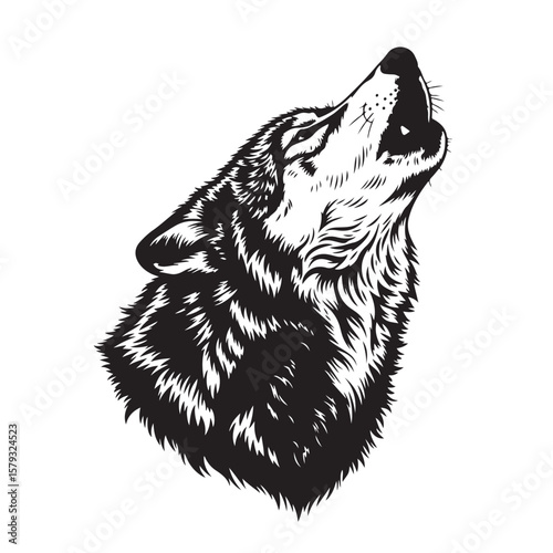 Black and white wolf howling at the moon illustration art design