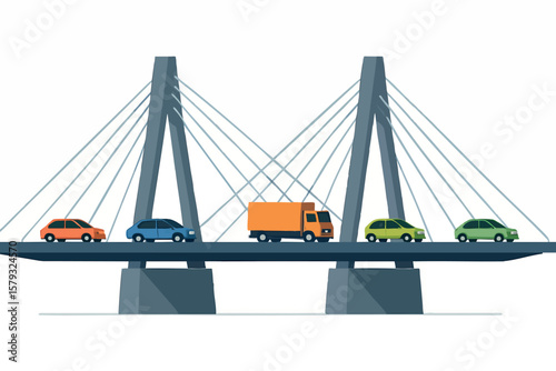 Flat vector modern bridge with steel cables and cars moving across, isolated on white