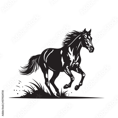 black silhouette of a galloping horse on a white background black, horse, run, silhouette , Generative art.