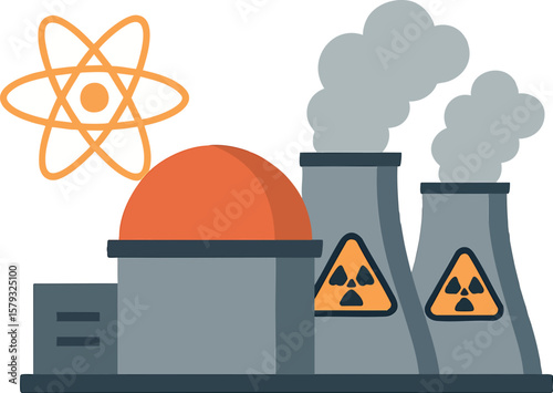 Flat vector nuclear energy plant with containment dome and atomic icon, isolated on white