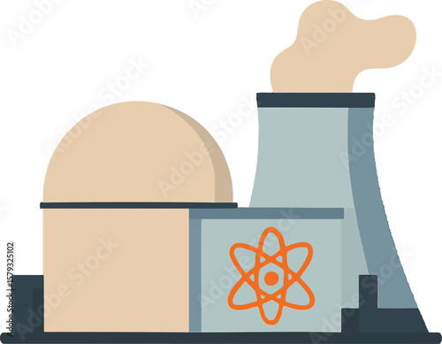 Flat vector nuclear energy plant with containment dome and atomic icon, isolated on white