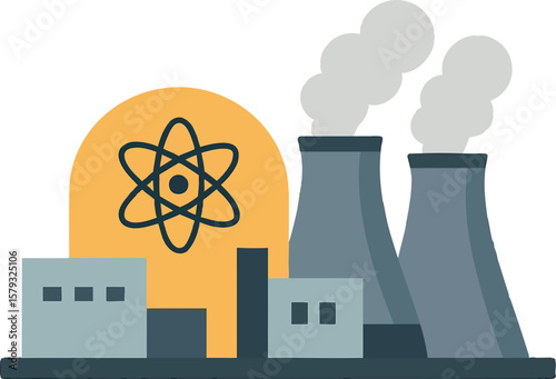 Flat vector nuclear energy plant with containment dome and atomic icon, isolated on white