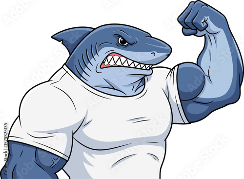 A powerful, muscular cartoon shark flexes its bicep, wearing a plain white t-shirt.