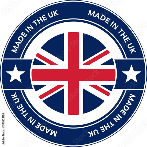 A circular emblem featuring the Union Jack flag, text, and stars, representing the United Kingdom.