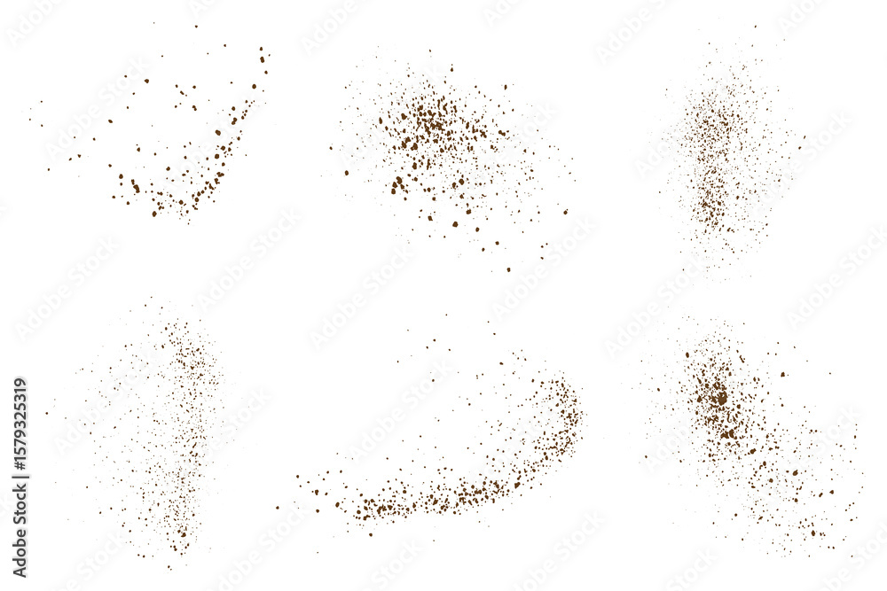 Obraz premium Cinnamon or cocoa coffee color flying grunge texture isolated vector realistic splash background set