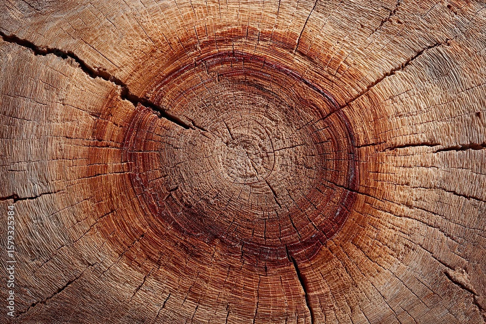Naklejka premium Macro shot of a weathered tree trunk showing clearly defined growth rings and natural texture. The concentric circles provide a visual representation of the trees age and history, ideal for background