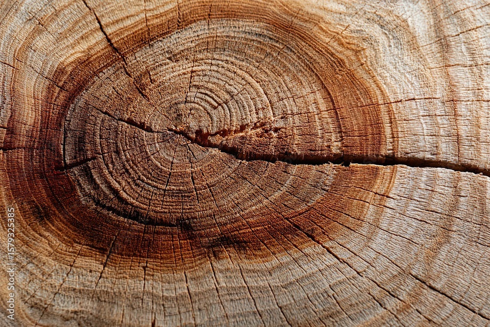 Naklejka premium Macro shot of a weathered tree trunk showing clearly defined growth rings and natural texture. The concentric circles provide a visual representation of the trees age and history, ideal for background