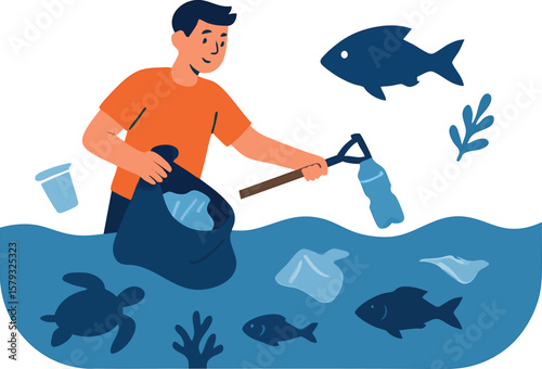 Flat vector ocean cleanup with character picking plastic out of water, marine protection, isolated on white