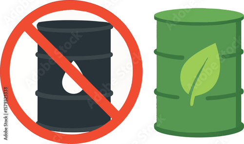 Flat vector oil barrel with crossed-out symbol and eco alternative nearby, isolated on white