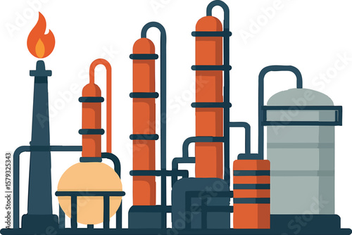 Flat vector oil refinery with towers, tanks and flame stack, simplified flat style, isolated on white
