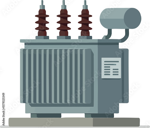 Flat vector oil-immersed distribution transformer on concrete pad, with bushings and nameplate, isolated on white