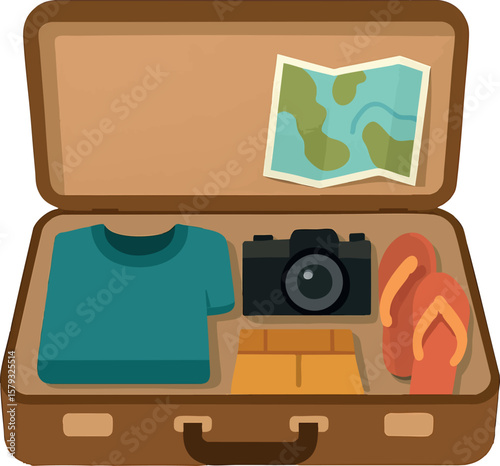 Flat vector open suitcase with clothes, camera, flip-flops and map packed inside, isolated on white