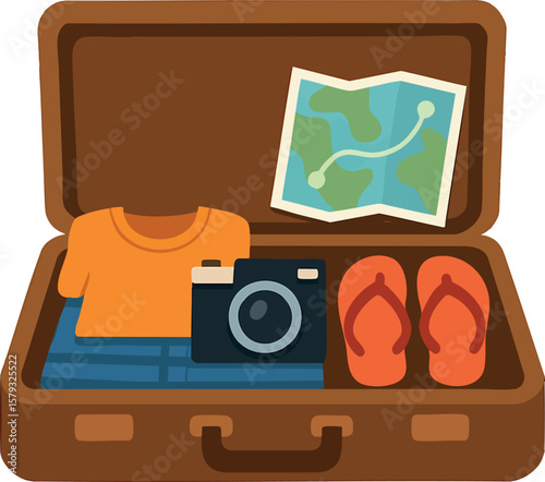 Flat vector open suitcase with clothes, camera, flip-flops and map packed inside, isolated on white