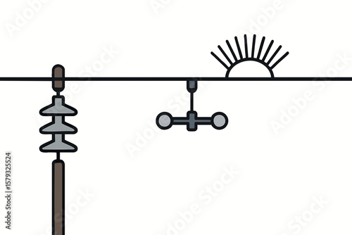 Flat vector overhead line with tension insulators, spacers, and bird guard, isolated on white