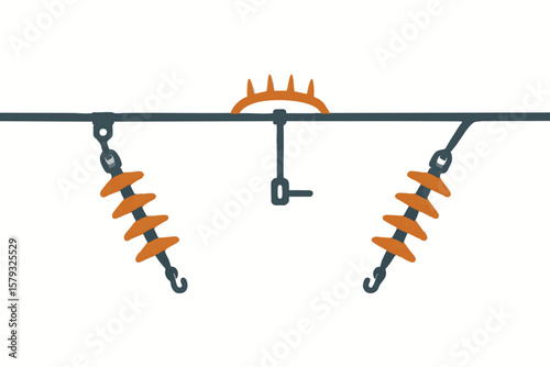 Flat vector overhead line with tension insulators, spacers, and bird guard, isolated on white
