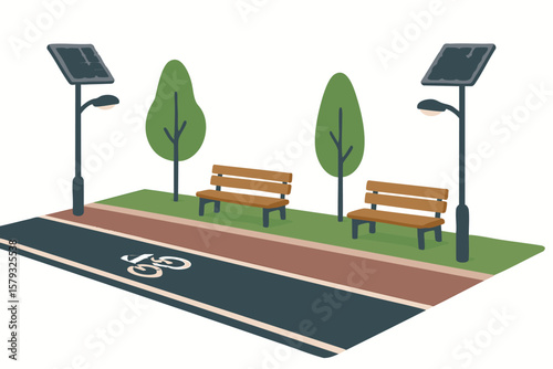 Flat vector pedestrian-friendly street with bike lane, benches, and solar lamps, public space infrastructure, isolated on white