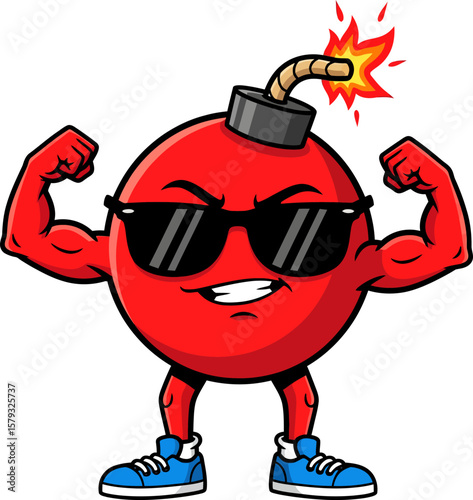 Animated cartoon bomb character flexing muscles, wearing sunglasses, and looking confident.