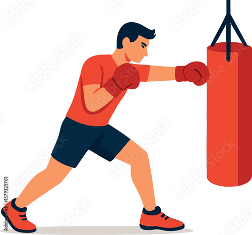 Flat vector person boxing with gloves and punching bag, high-intensity workout, isolated on white