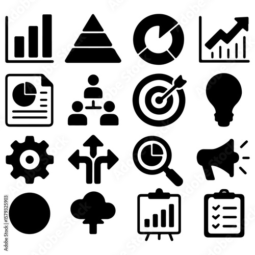 Vector illustration of business and finance icons set in black silhouette design