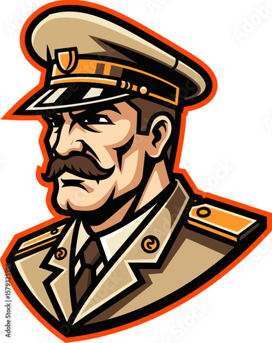 Illustration of a stern-looking military officer with a mustache wearing a hat and uniform.