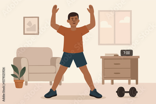 Flat vector person doing jumping jacks in small apartment space, at-home workout for weight loss, isolated on white