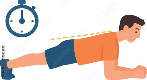 Flat vector person doing planks with stopwatch and aligned spine guide, isolated on white