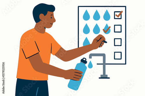 Flat vector person filling water bottle and ticking off hydration goal chart, isolated on white