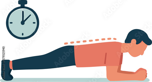 Flat vector person doing planks with stopwatch and aligned spine guide, isolated on white