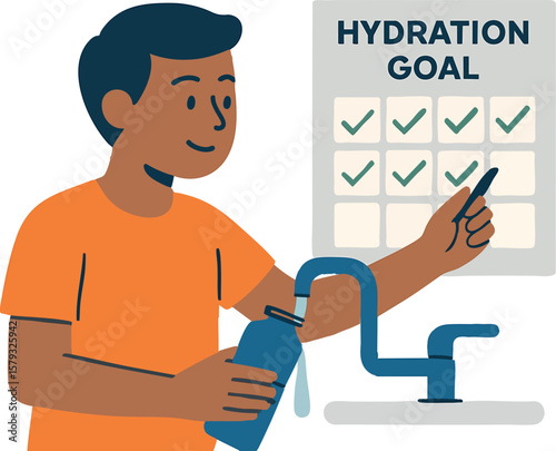 Flat vector person filling water bottle and ticking off hydration goal chart, isolated on white