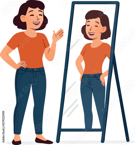 Flat vector person happily checking mirror after weight loss journey, self-esteem boost, isolated on white