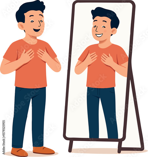 Flat vector person happily checking mirror after weight loss journey, self-esteem boost, isolated on white