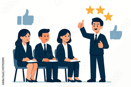 Flat vector person passing group interview with stars and thumbs up symbols, isolated on white