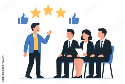 Flat vector person passing group interview with stars and thumbs up symbols, isolated on white