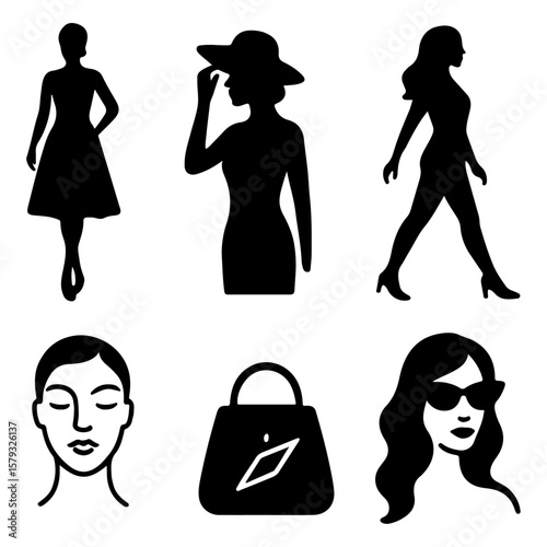 Fashion vector silhouettes of women and girls with shopping bags illustrating modern style