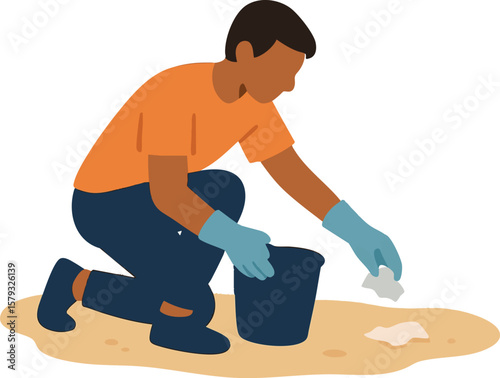 Flat vector person picking trash on beach with gloves and bucket, community action, isolated on white