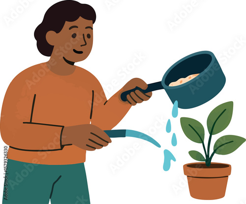 Flat vector person reusing cooking water for plants, sustainable habit, isolated on white